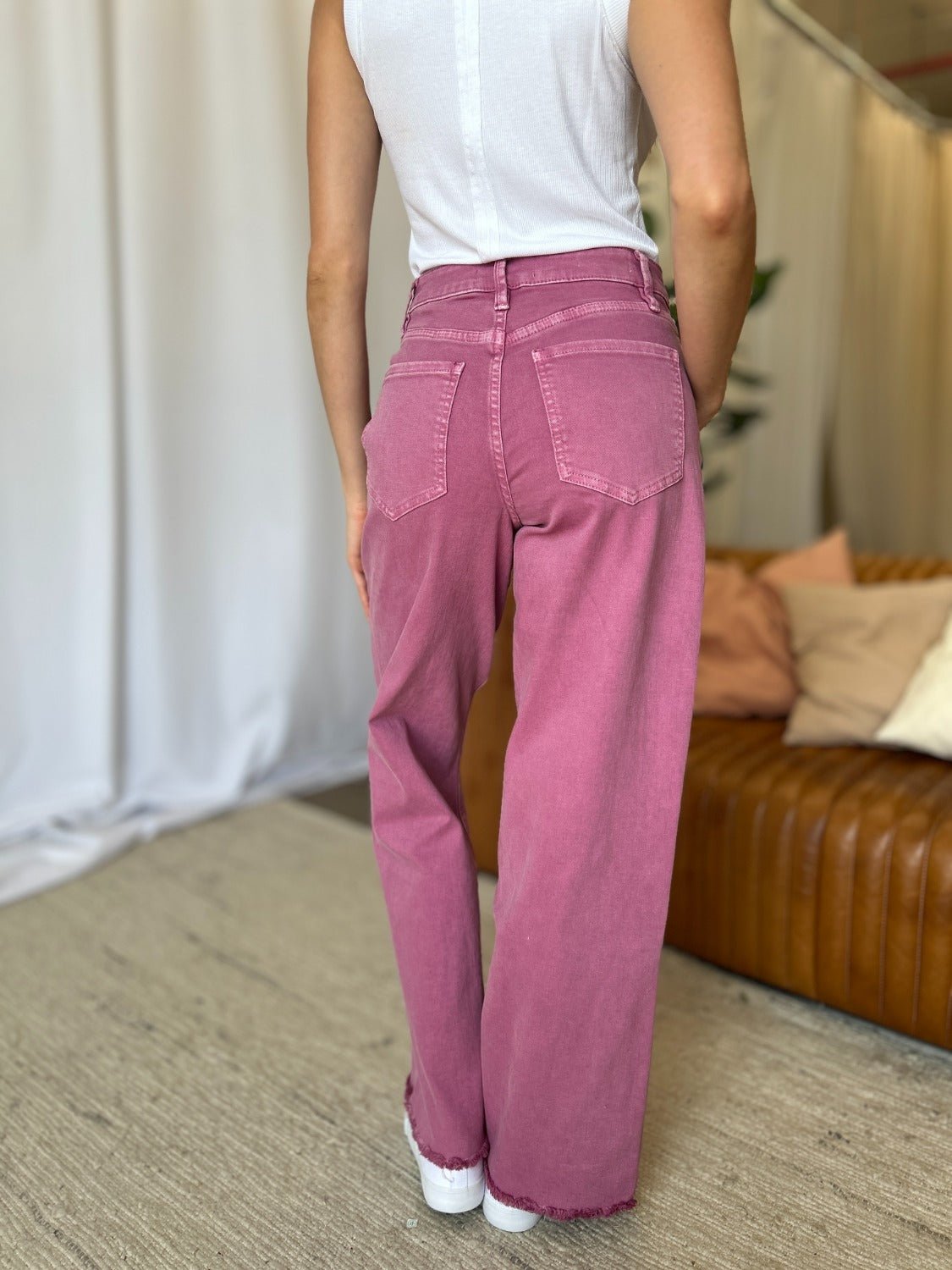 RFM Full Size High Rise Garment Dye Wide Leg Jeans - Full Size Jeans - French Rose - Bella Bourget