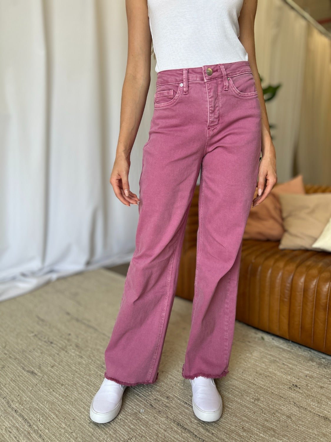 RFM Full Size High Rise Garment Dye Wide Leg Jeans - Full Size Jeans - French Rose - Bella Bourget