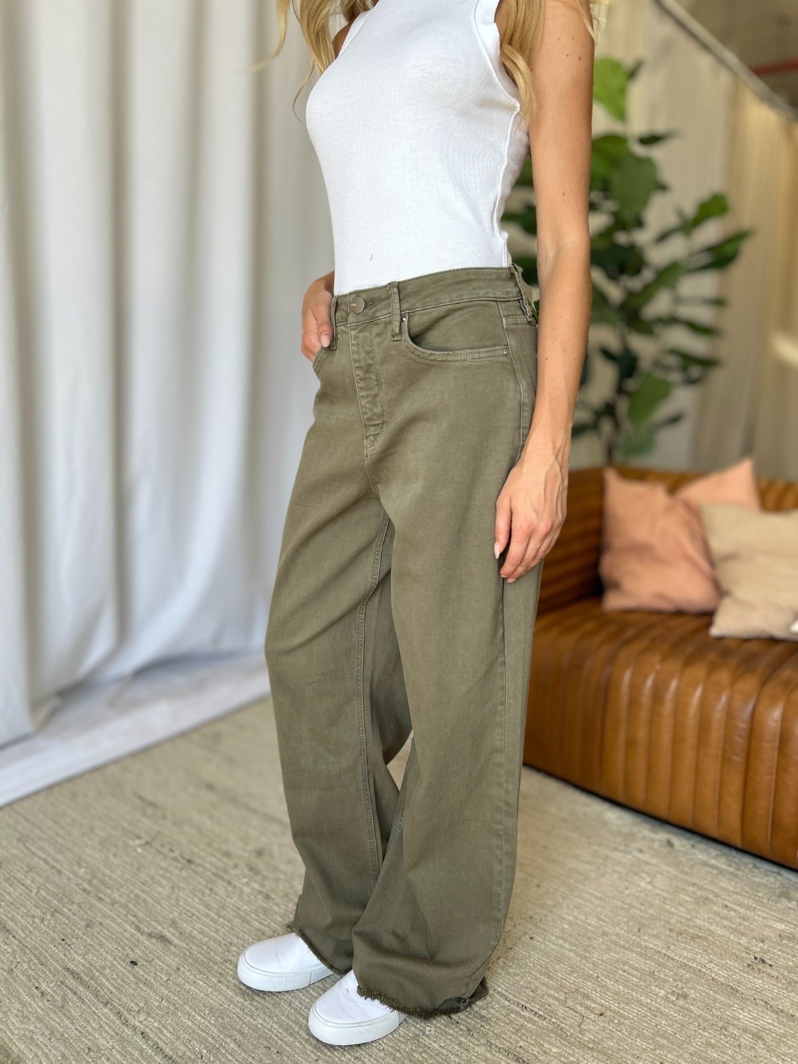 RFM Full Size High Rise Garment Dye Wide Leg Jeans - Jeans - Sage - Bella Bourget