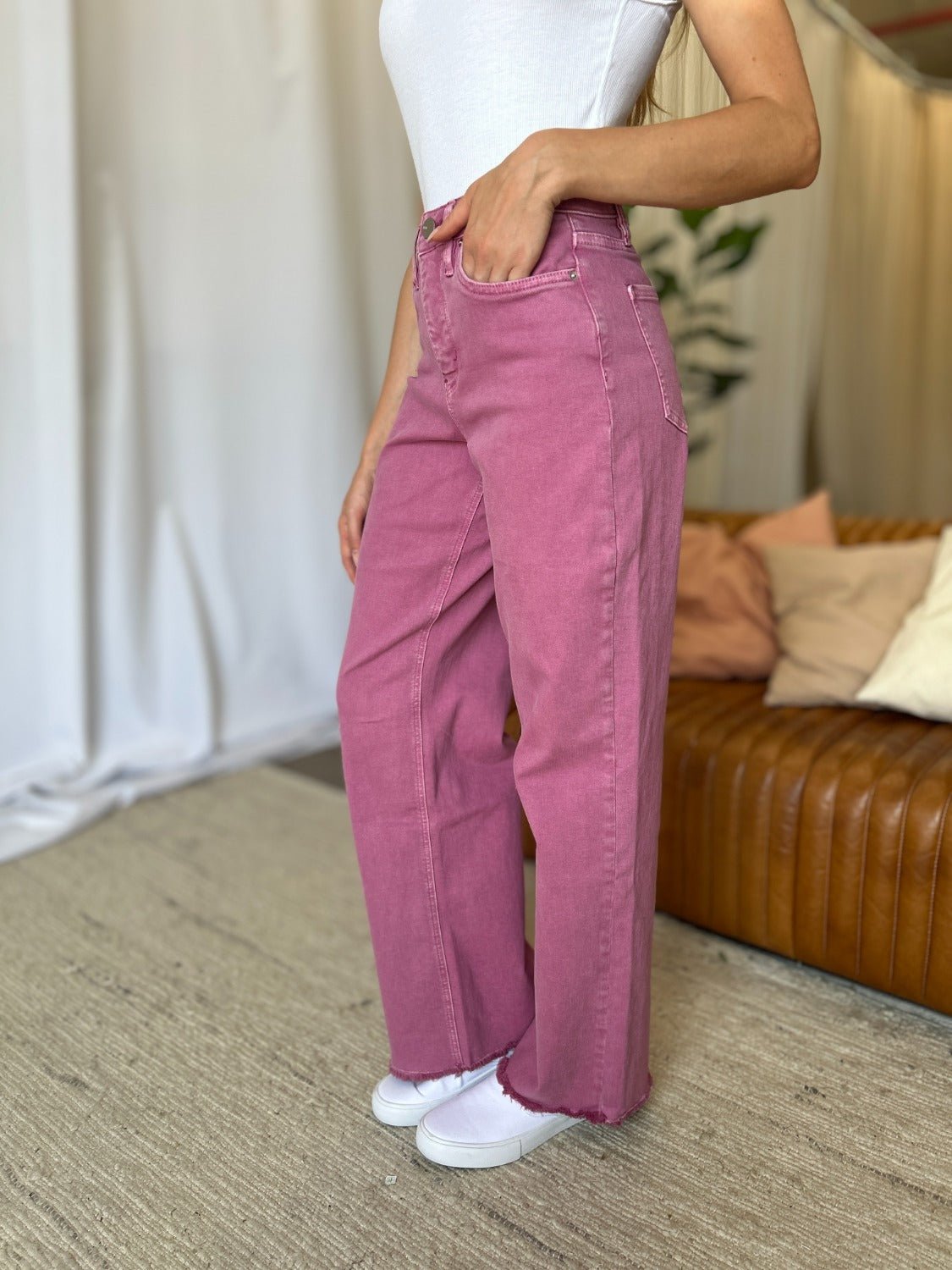 RFM Full Size High Rise Garment Dye Wide Leg Jeans - Full Size Jeans - French Rose - Bella Bourget