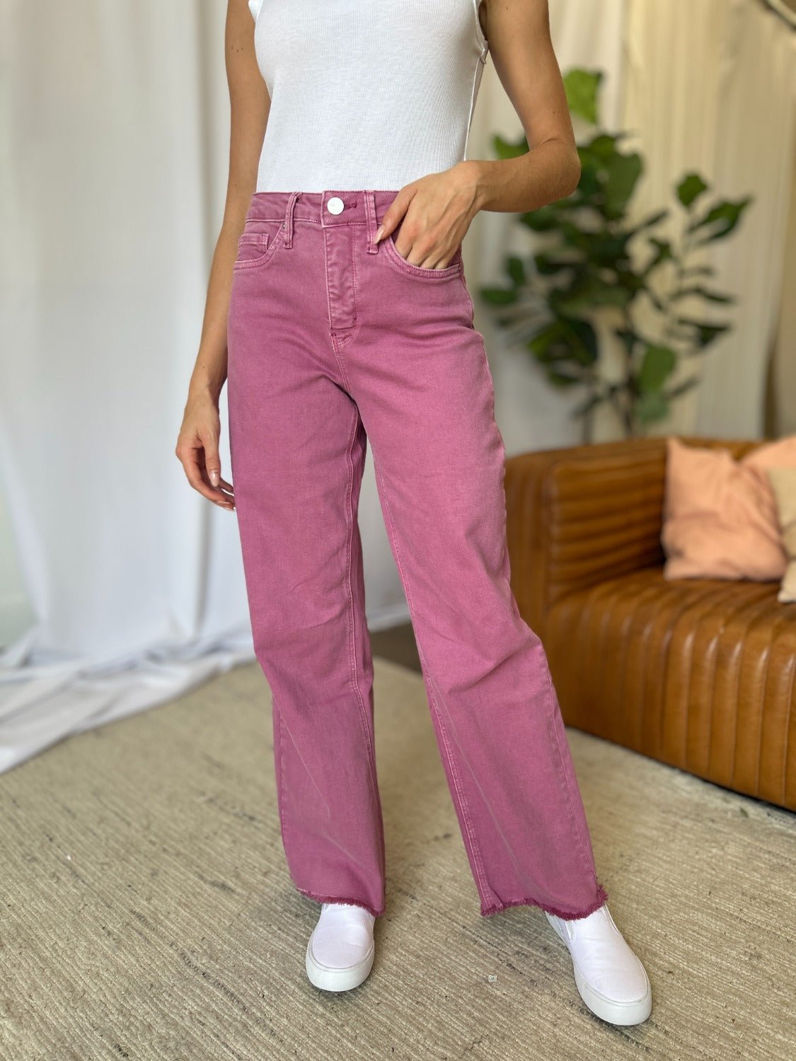 RFM Full Size High Rise Garment Dye Wide Leg Jeans - Full Size Jeans - French Rose - Bella Bourget