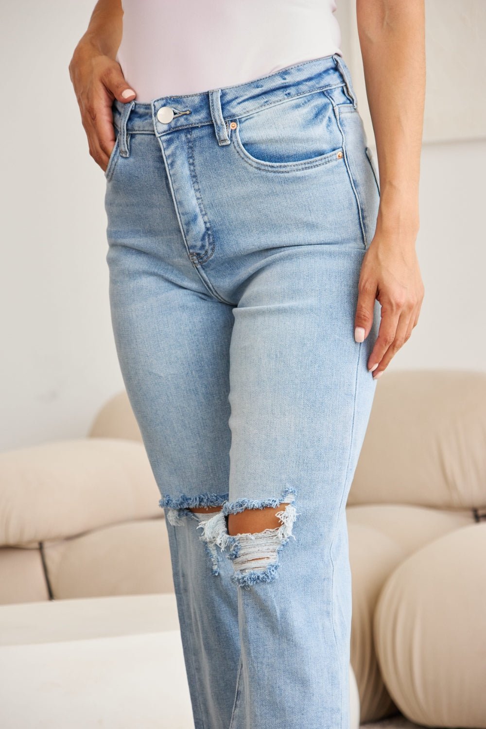 RFM Full Size Tummy Control High Waist Raw Hem Distressed Jeans - Full Size Jeans - Light Potassium w/ destruct - Bella Bourget