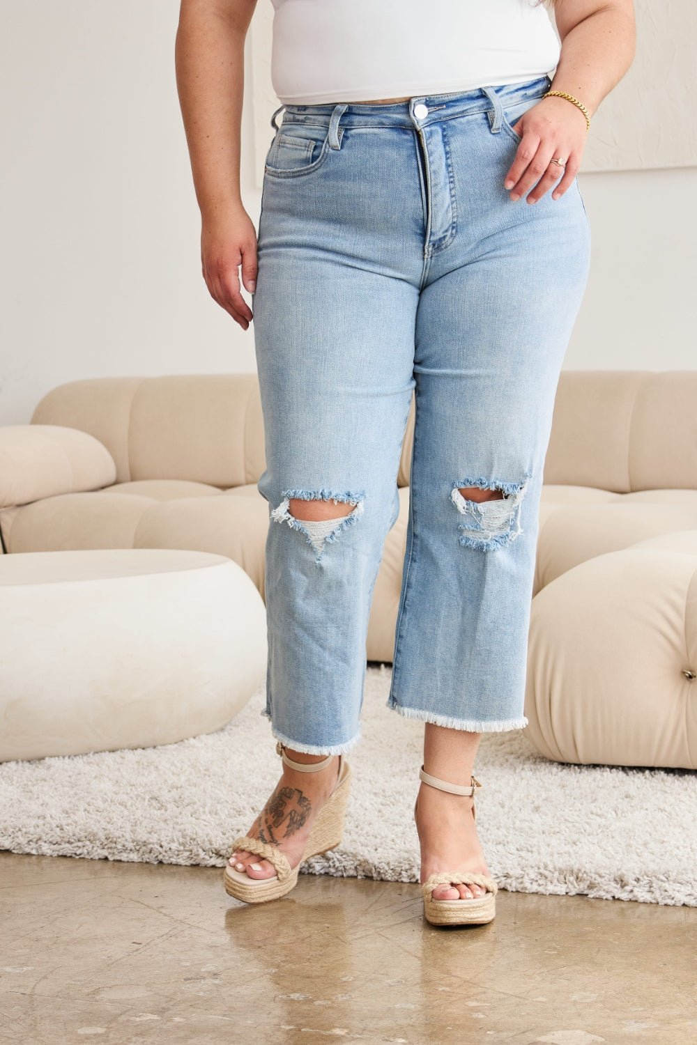 RFM Full Size Tummy Control High Waist Raw Hem Distressed Jeans - Full Size Jeans - Light Potassium w/ destruct - Bella Bourget