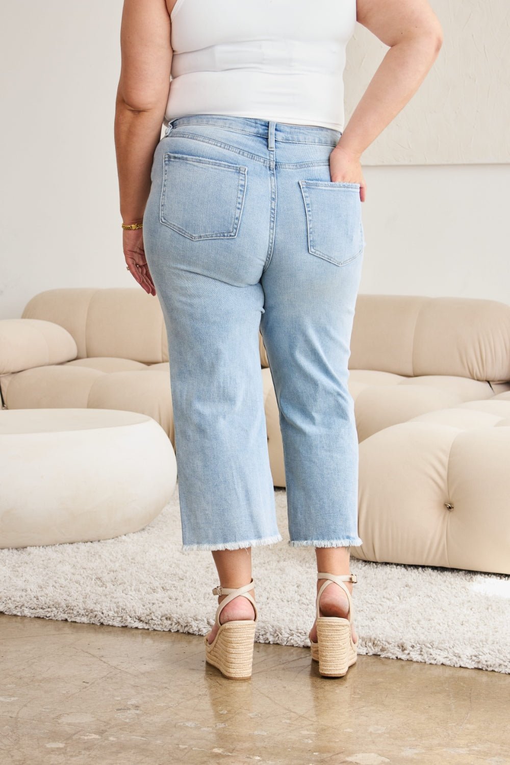 RFM Full Size Tummy Control High Waist Raw Hem Distressed Jeans - Full Size Jeans - Light Potassium w/ destruct - Bella Bourget