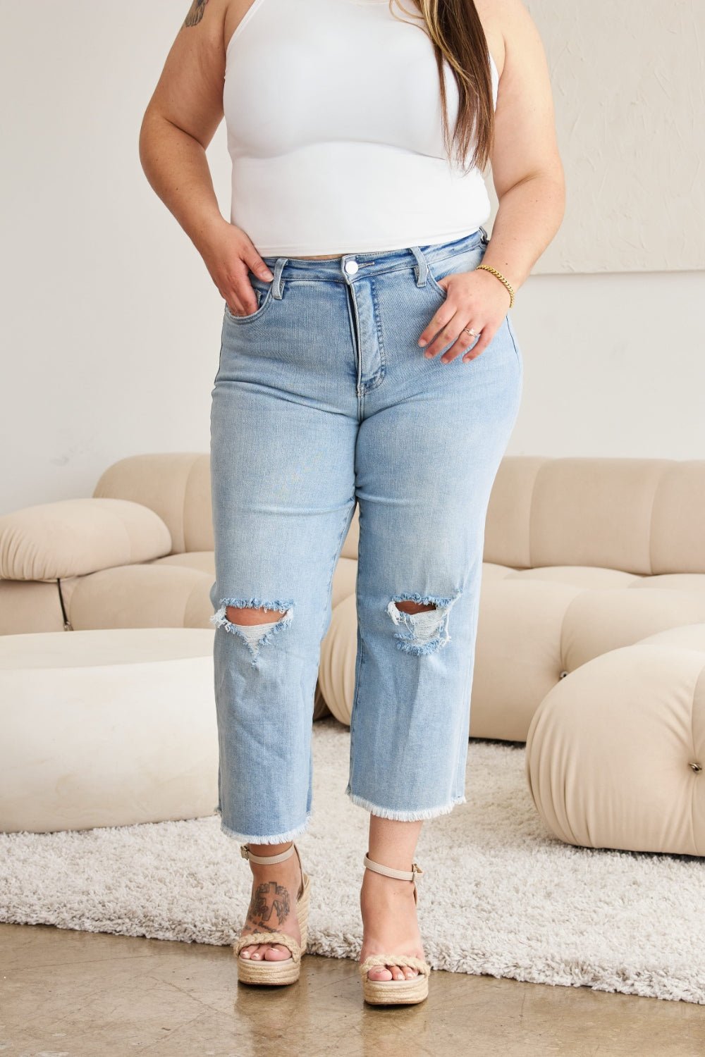 RFM Full Size Tummy Control High Waist Raw Hem Distressed Jeans - Full Size Jeans - Light Potassium w/ destruct - Bella Bourget