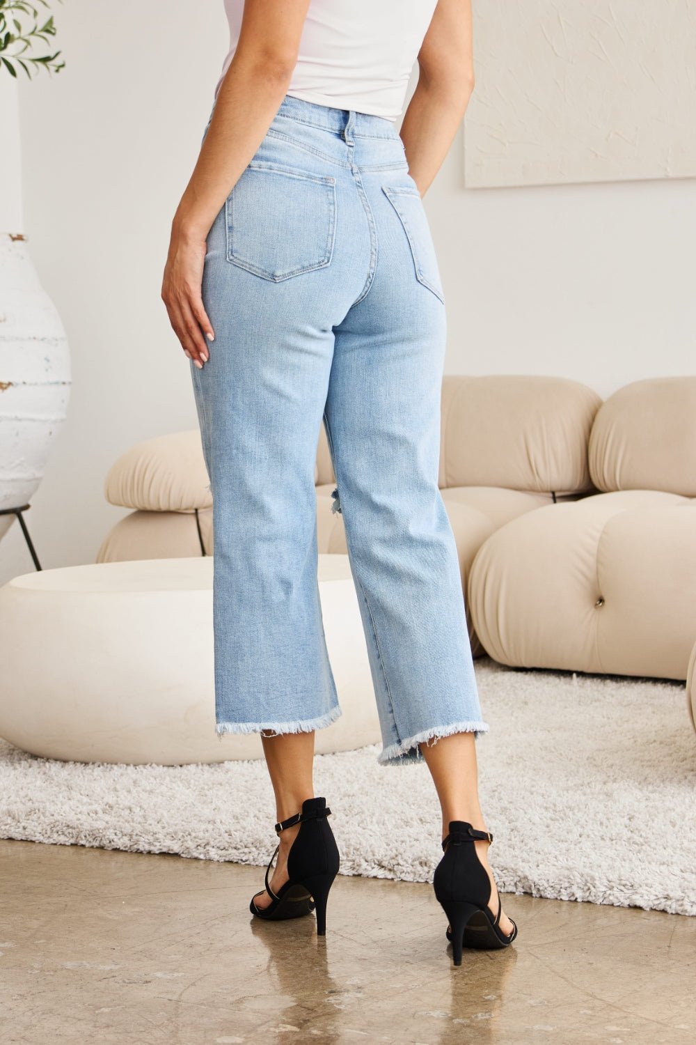 RFM Full Size Tummy Control High Waist Raw Hem Distressed Jeans - Full Size Jeans - Light Potassium w/ destruct - Bella Bourget