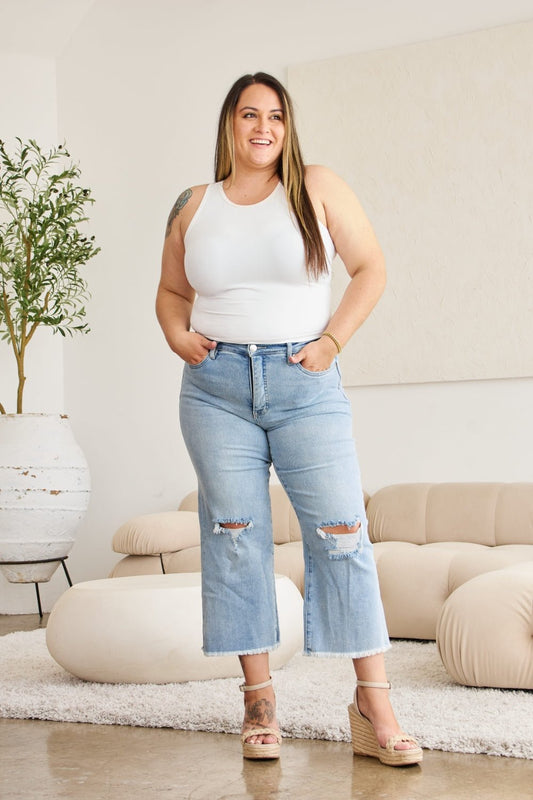 RFM Full Size Tummy Control High Waist Raw Hem Distressed Jeans - Full Size Jeans - Light Potassium w/ destruct - Bella Bourget