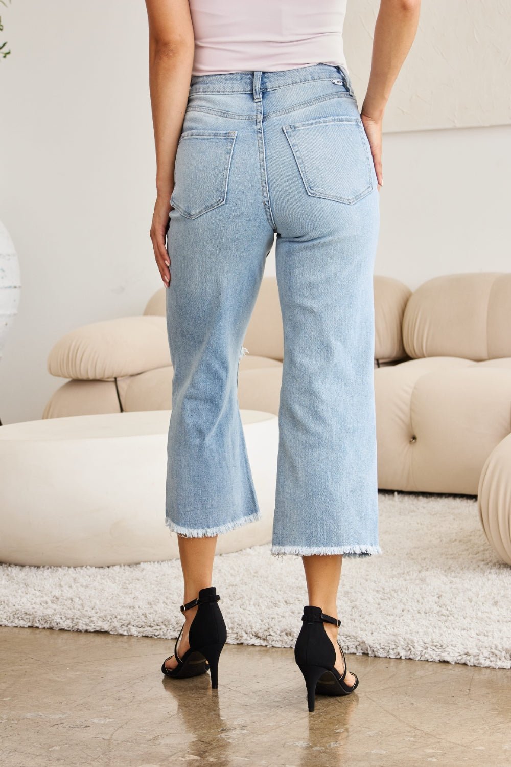 RFM Full Size Tummy Control High Waist Raw Hem Distressed Jeans - Full Size Jeans - Light Potassium w/ destruct - Bella Bourget