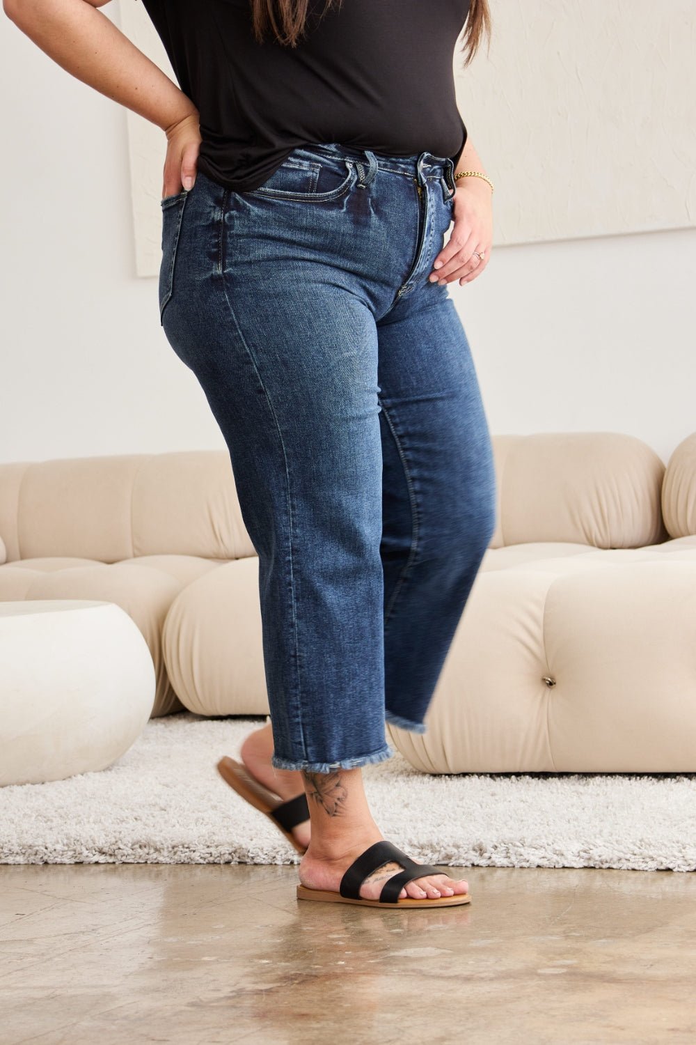 RFM Full Size Tummy Control High Waist Raw Hem Jeans - Full Size Jeans - Dark Potassium w/ destruct - Bella Bourget