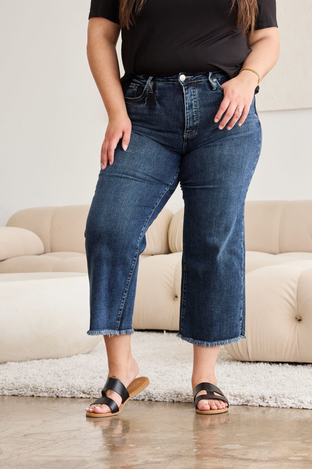 RFM Full Size Tummy Control High Waist Raw Hem Jeans - Full Size Jeans - Dark Potassium w/ destruct - Bella Bourget