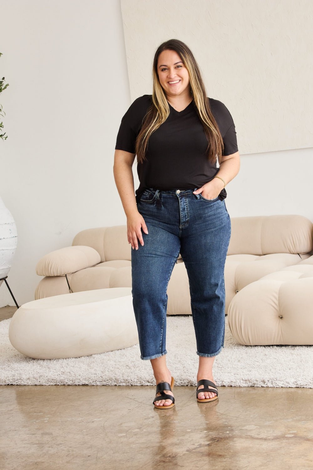 RFM Full Size Tummy Control High Waist Raw Hem Jeans - Full Size Jeans - Dark Potassium w/ destruct - Bella Bourget