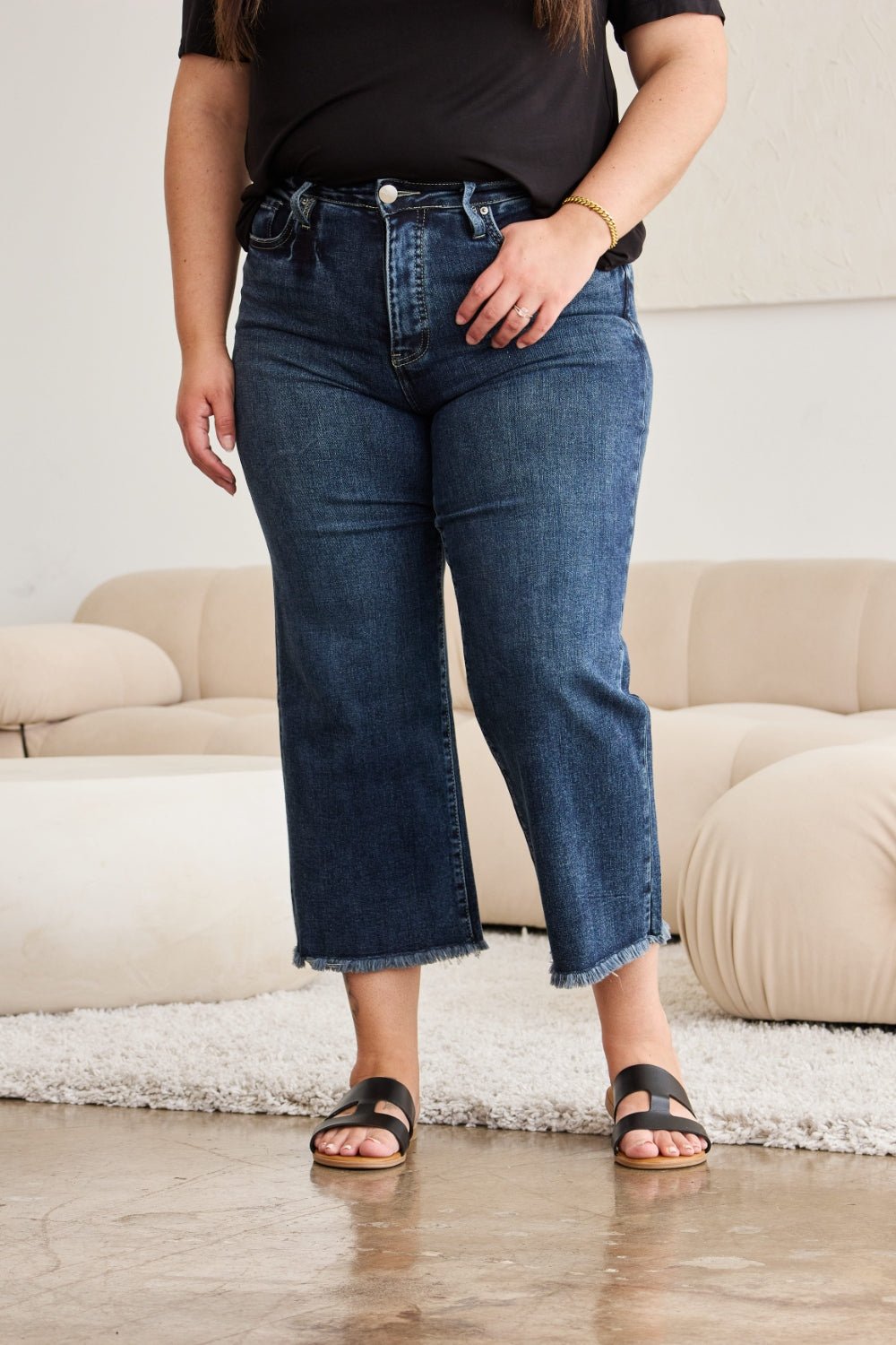 RFM Full Size Tummy Control High Waist Raw Hem Jeans - Full Size Jeans - Dark Potassium w/ destruct - Bella Bourget