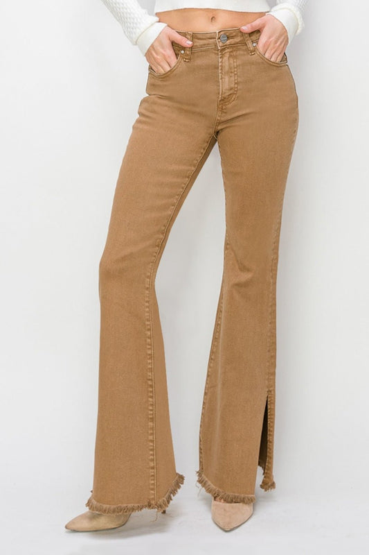 RISEN Bailey Full Size High Waist Side Slit Flare Jeans - Jeans - Brown - Bella Bourget