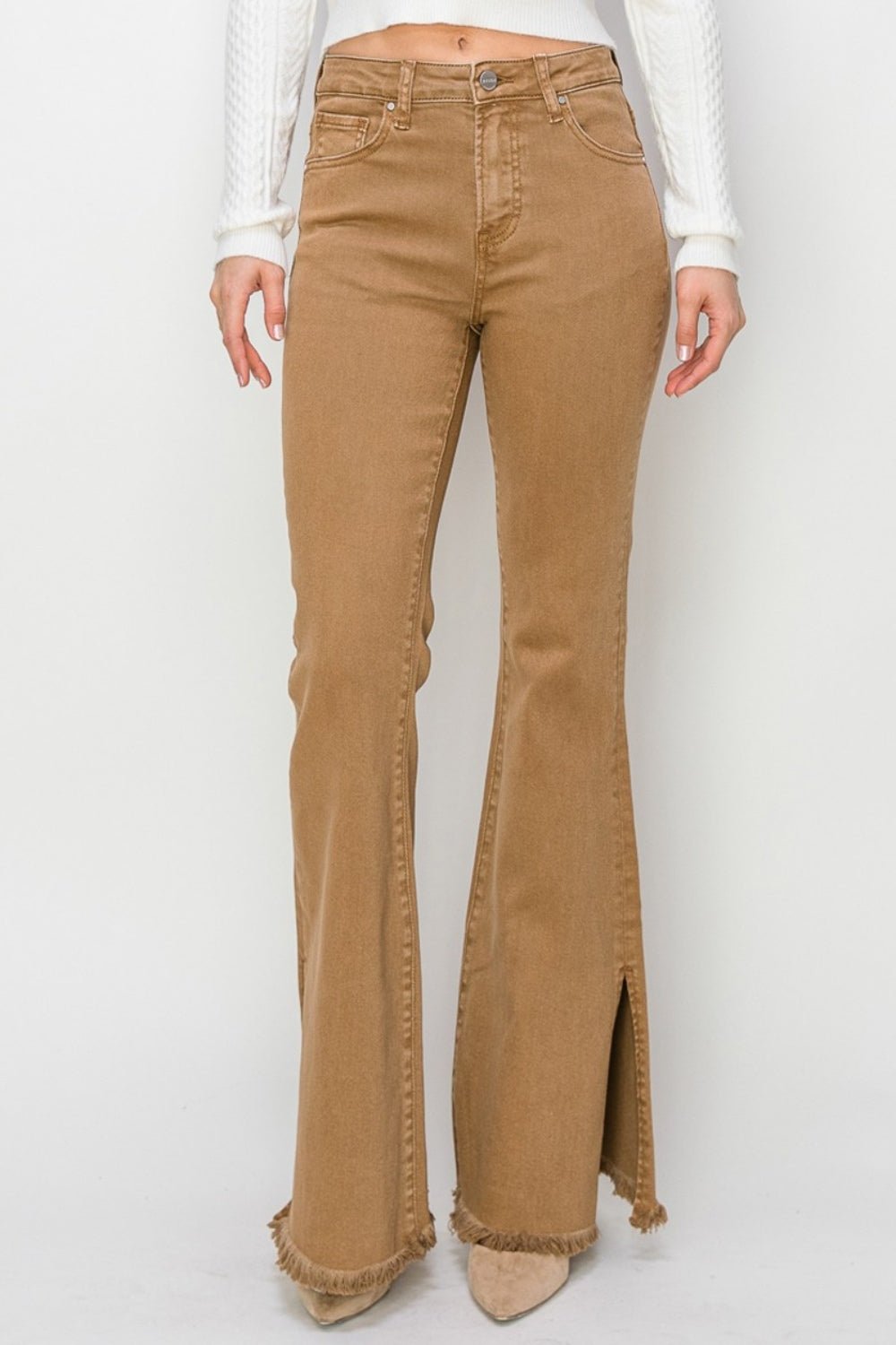 RISEN Bailey Full Size High Waist Side Slit Flare Jeans - Jeans - Brown - Bella Bourget