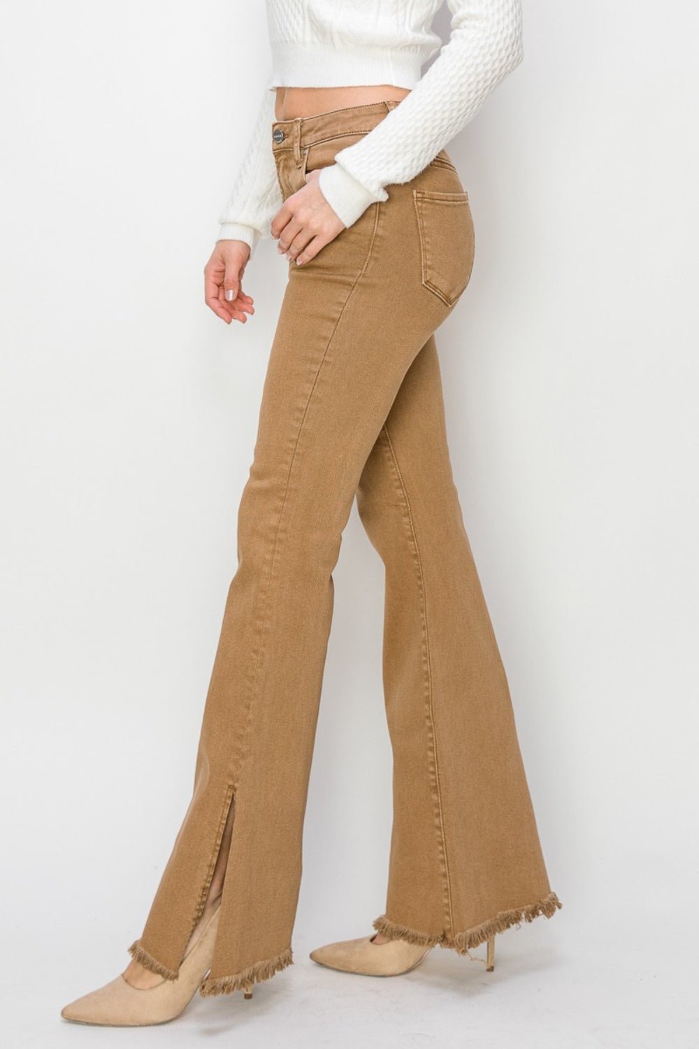 RISEN Bailey Full Size High Waist Side Slit Flare Jeans - Jeans - Brown - Bella Bourget