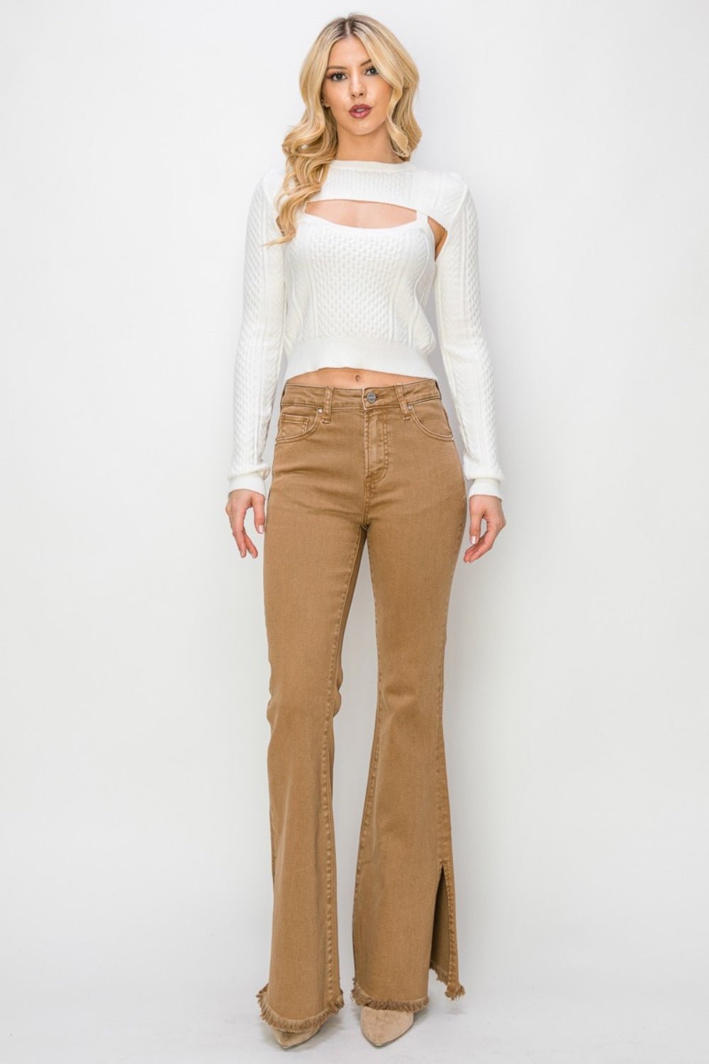 RISEN Bailey Full Size High Waist Side Slit Flare Jeans - Jeans - Brown - Bella Bourget