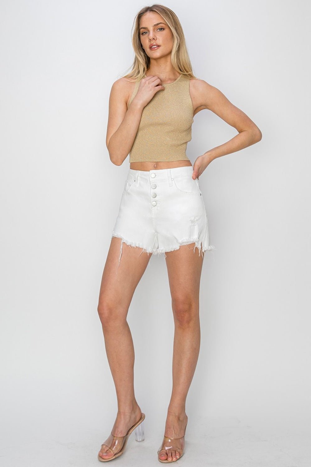 RISEN Button Fly Frayed Hem Denim Shorts - Shorts - White - Bella Bourget