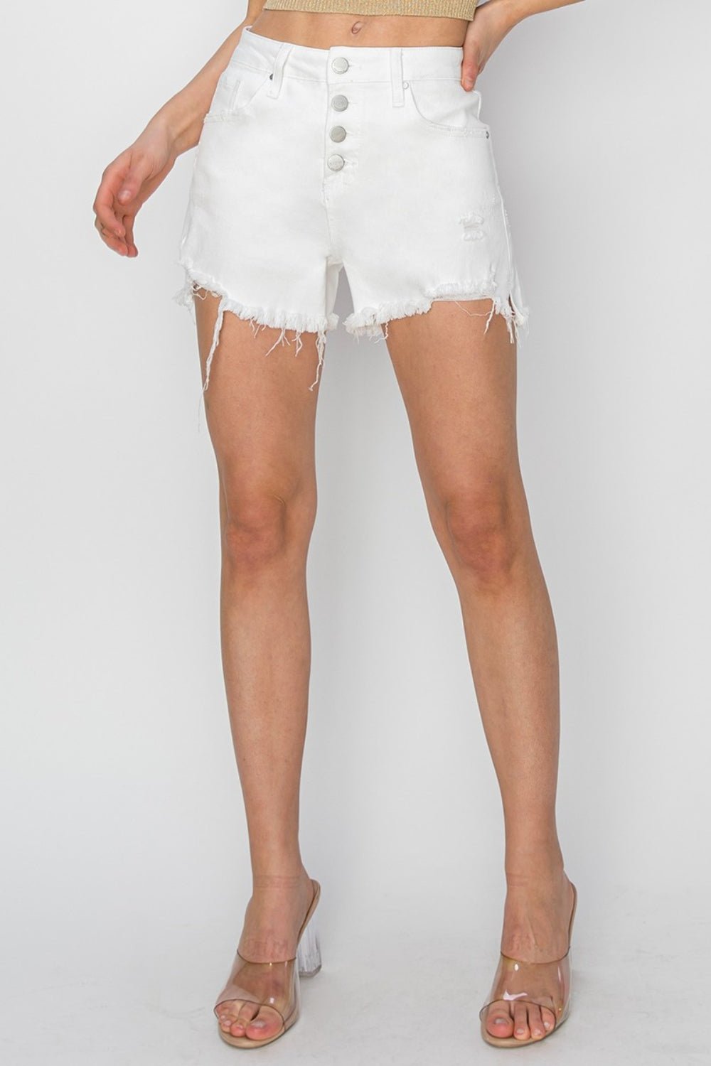 RISEN Button Fly Frayed Hem Denim Shorts - Shorts - White - Bella Bourget