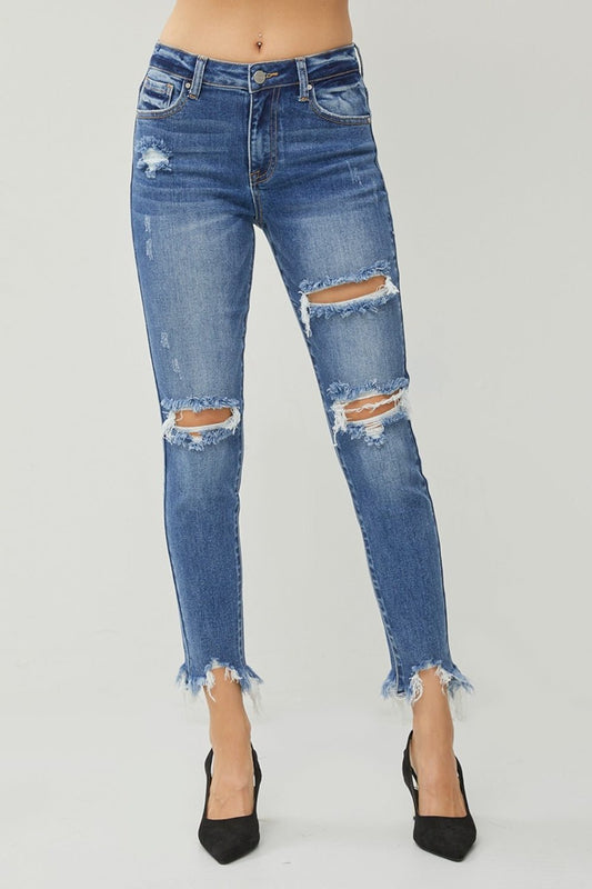 RISEN Distressed Frayed Hem Slim Jeans - jeans - DARK - Bella Bourget