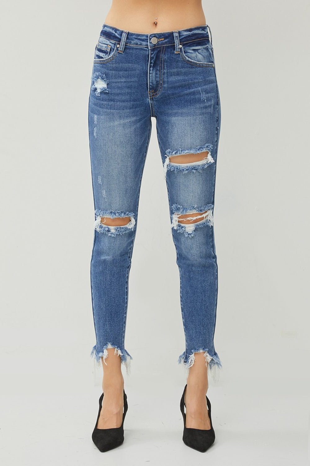 RISEN Distressed Frayed Hem Slim Jeans - jeans - DARK - Bella Bourget