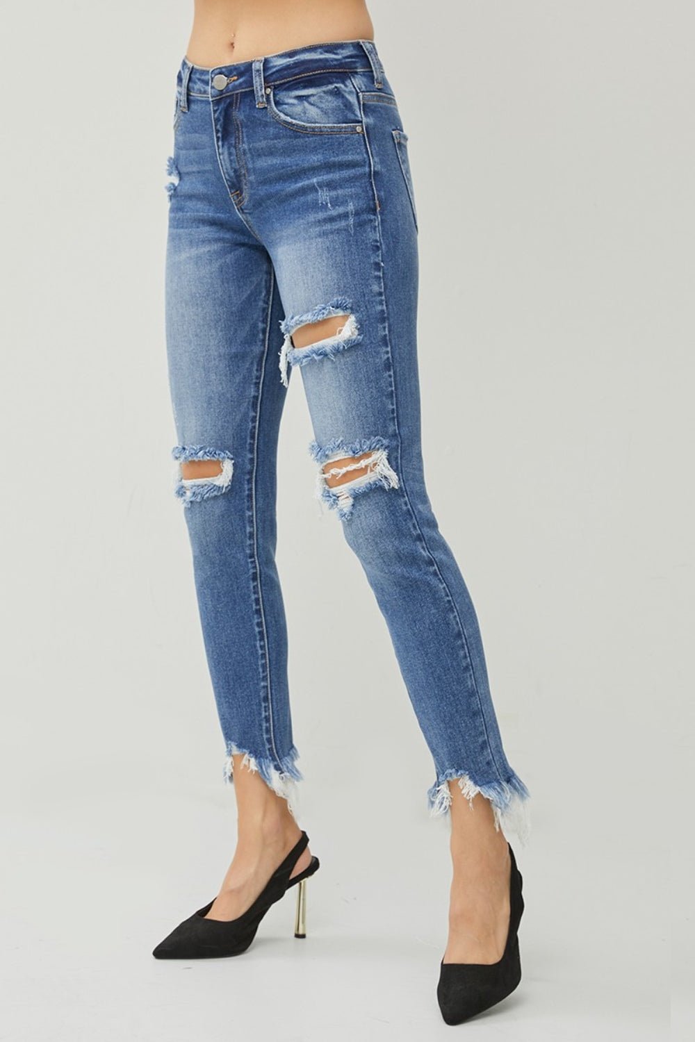 RISEN Distressed Frayed Hem Slim Jeans - jeans - DARK - Bella Bourget