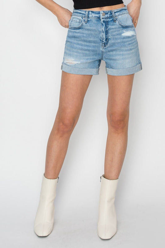 RISEN Distressed Mid - Rise Waist Denim Shorts - Shorts - Light - Bella Bourget