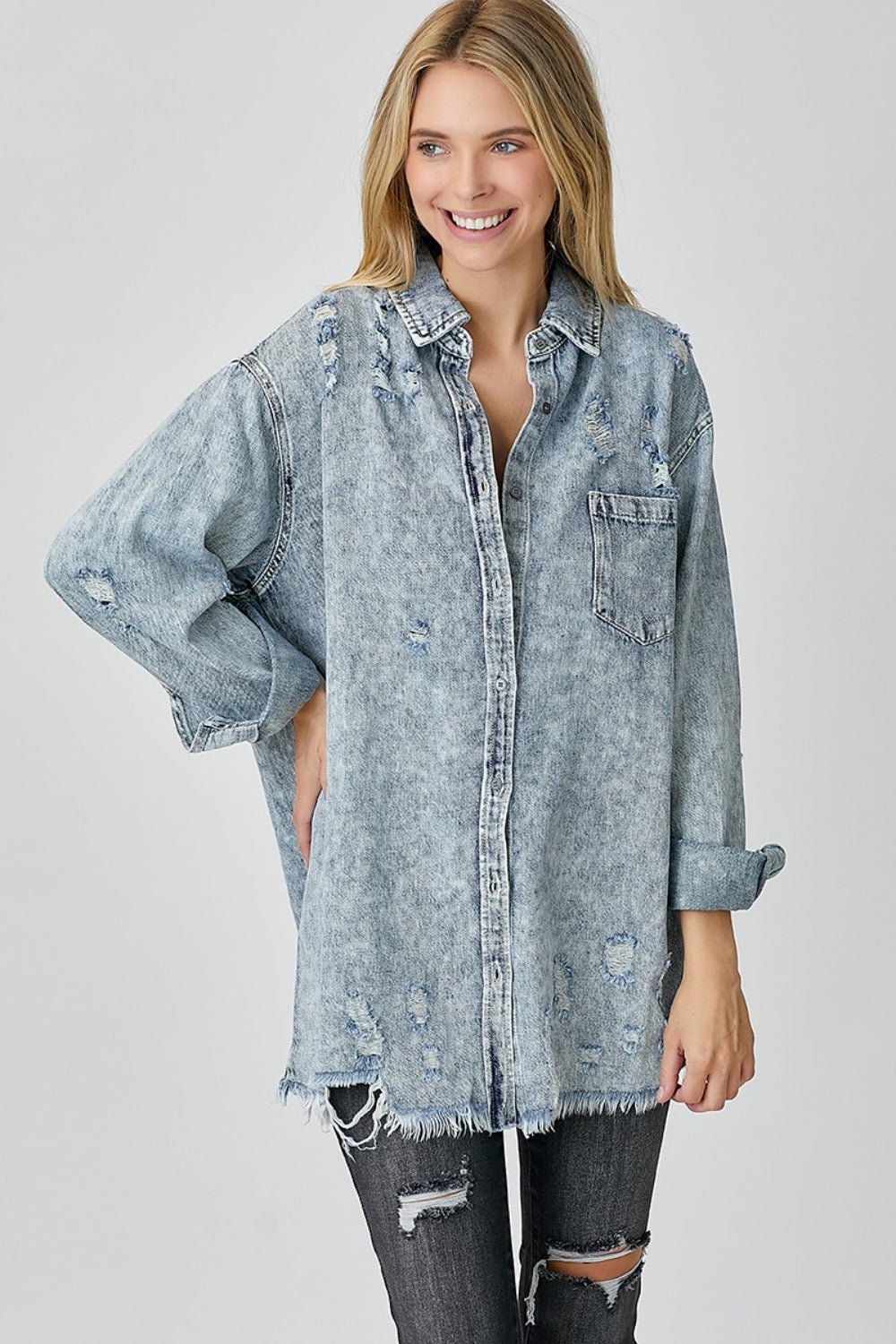 RISEN Distressed Raw Hem Denim Shirt - Top - Acid Light - Bella Bourget