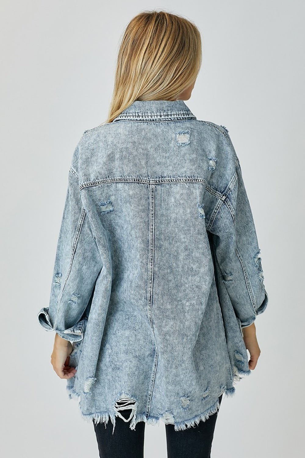 RISEN Distressed Raw Hem Denim Shirt - Top - Acid Light - Bella Bourget