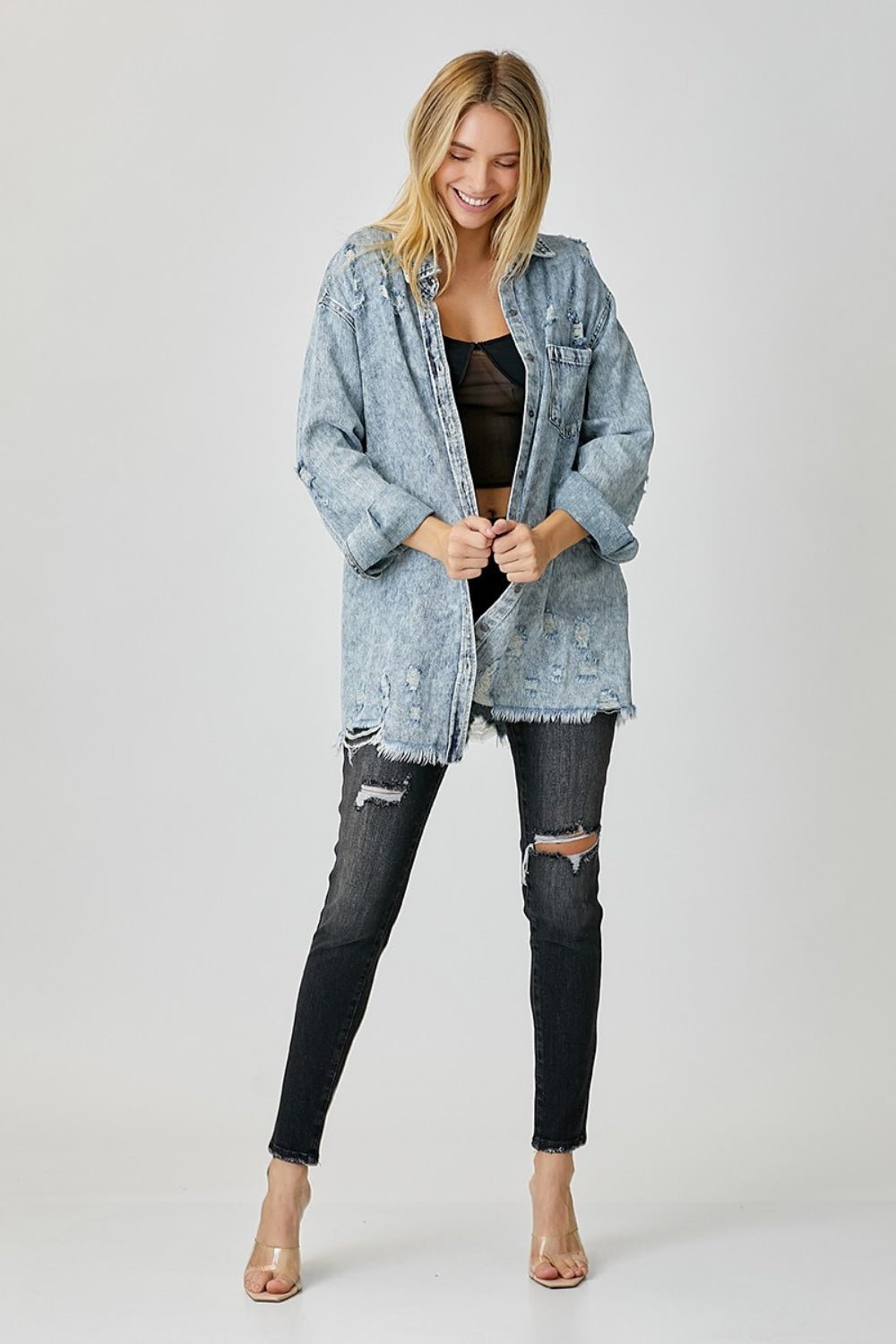 RISEN Distressed Raw Hem Denim Shirt - Top - Acid Light - Bella Bourget