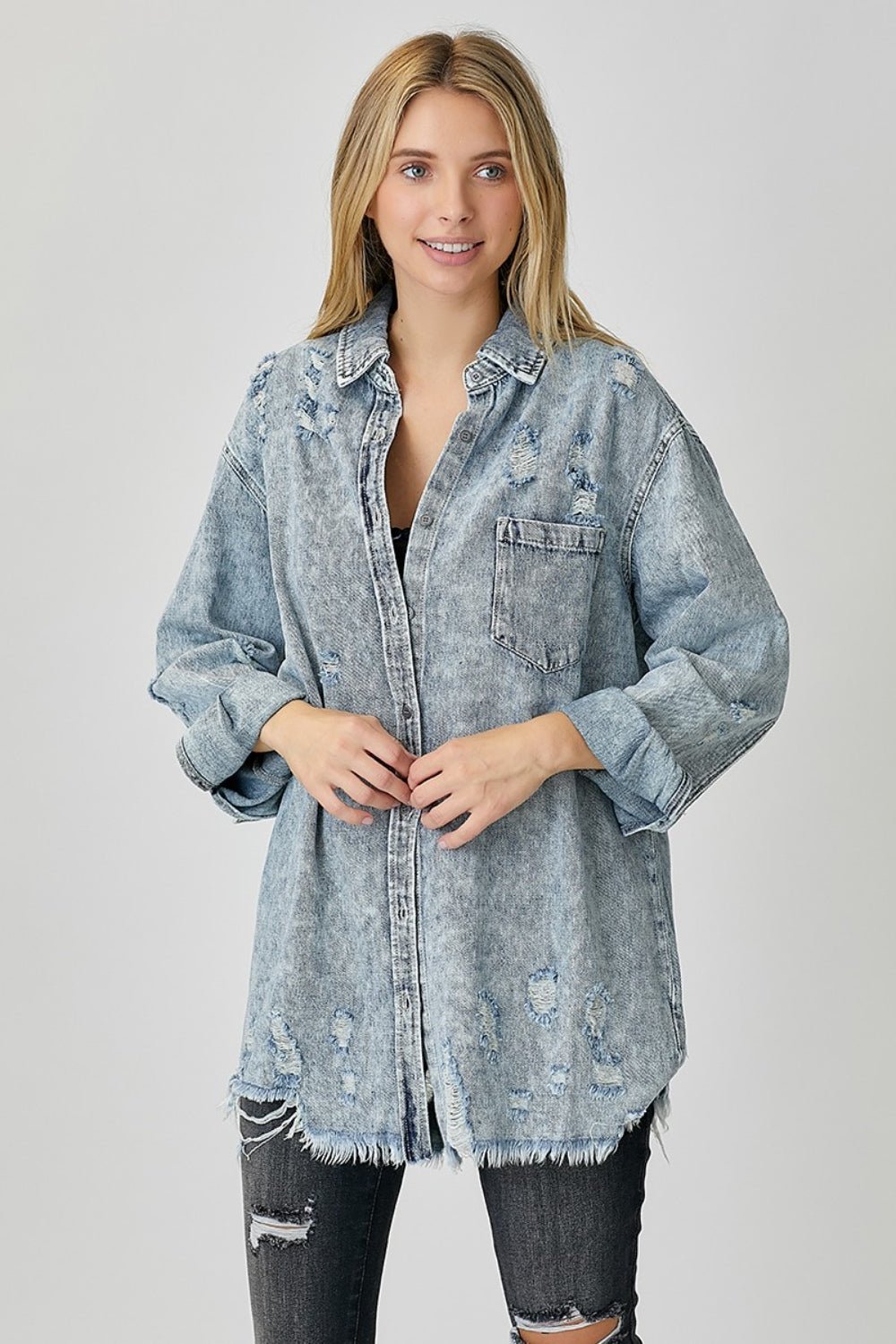 RISEN Distressed Raw Hem Denim Shirt - Top - Acid Light - Bella Bourget