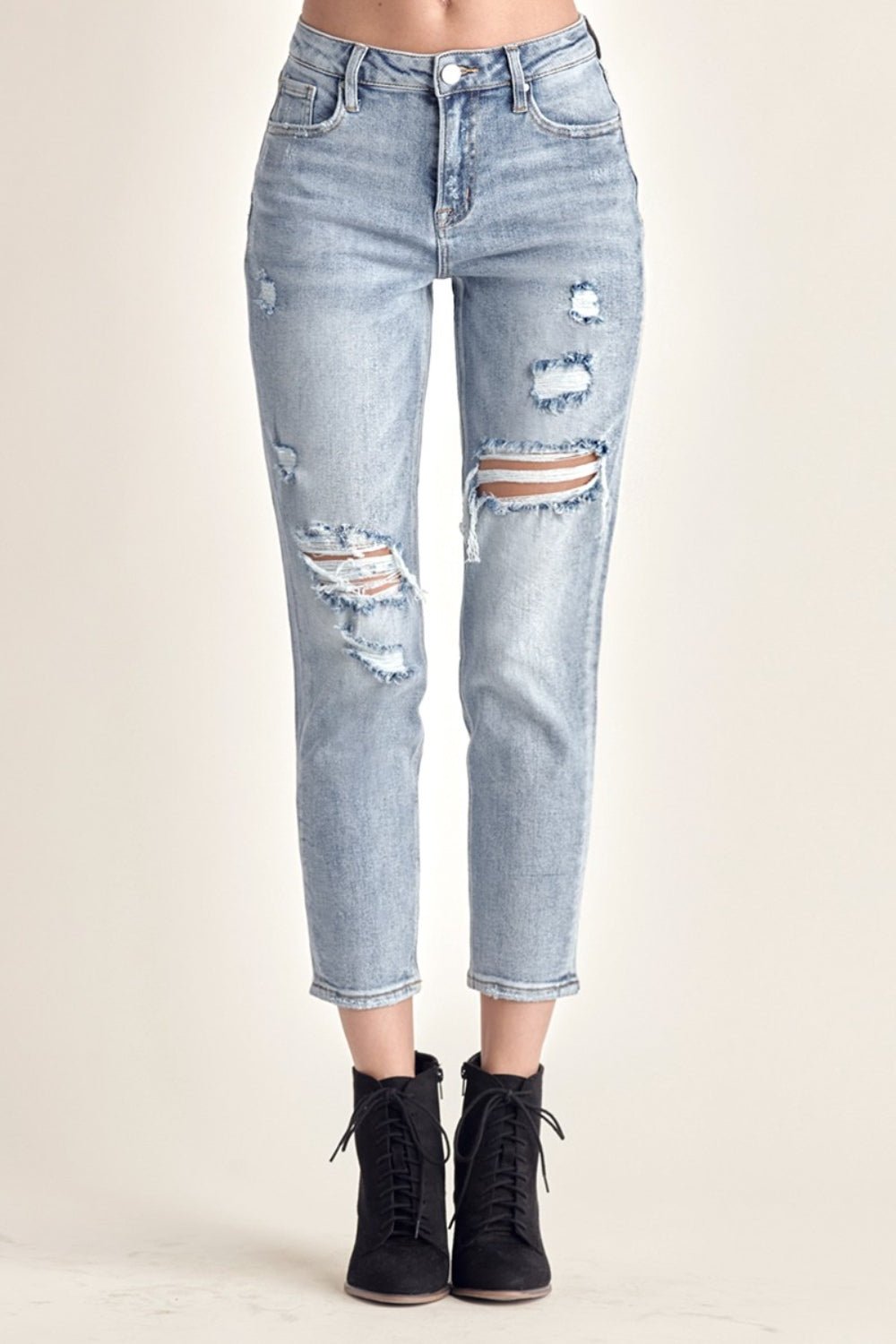 RISEN Distressed Slim Cropped Jeans - jeans - MEDIUM - Bella Bourget