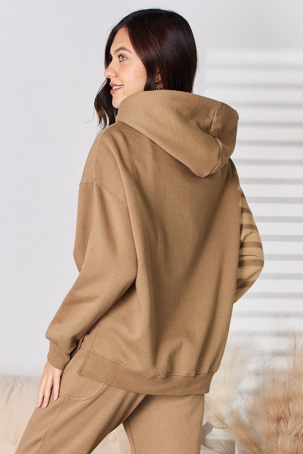 RISEN Drawstring Drop Shoulder Long Sleeve Hoodie - Top - Mocha - Bella Bourget