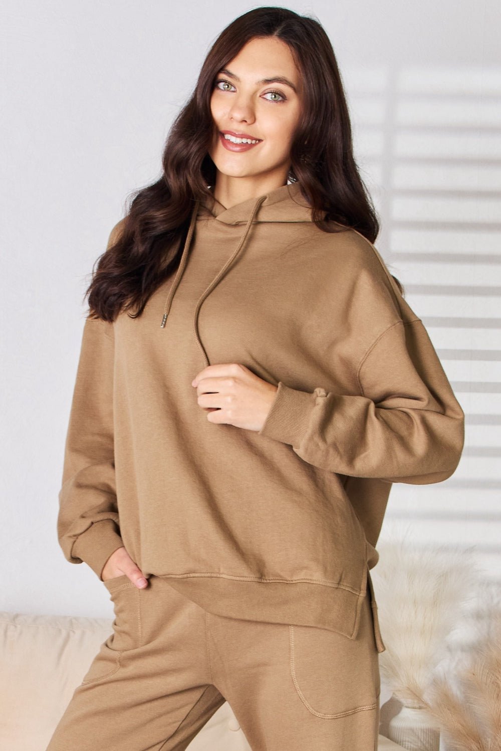 RISEN Drawstring Drop Shoulder Long Sleeve Hoodie - Top - Mocha - Bella Bourget