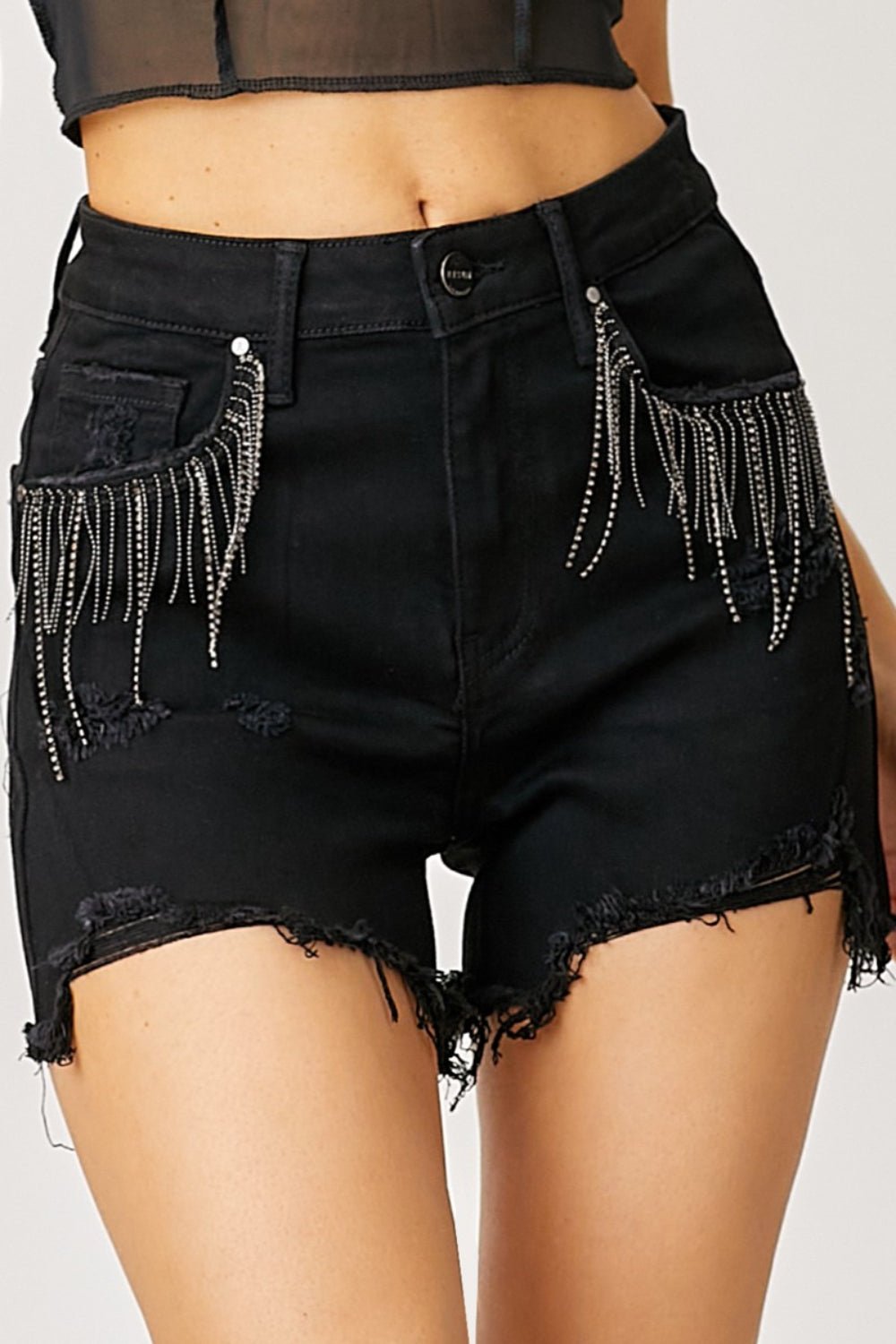 RISEN Frayed Hem Denim Shorts with Fringe Detail Pockets - Shorts - Black - Bella Bourget