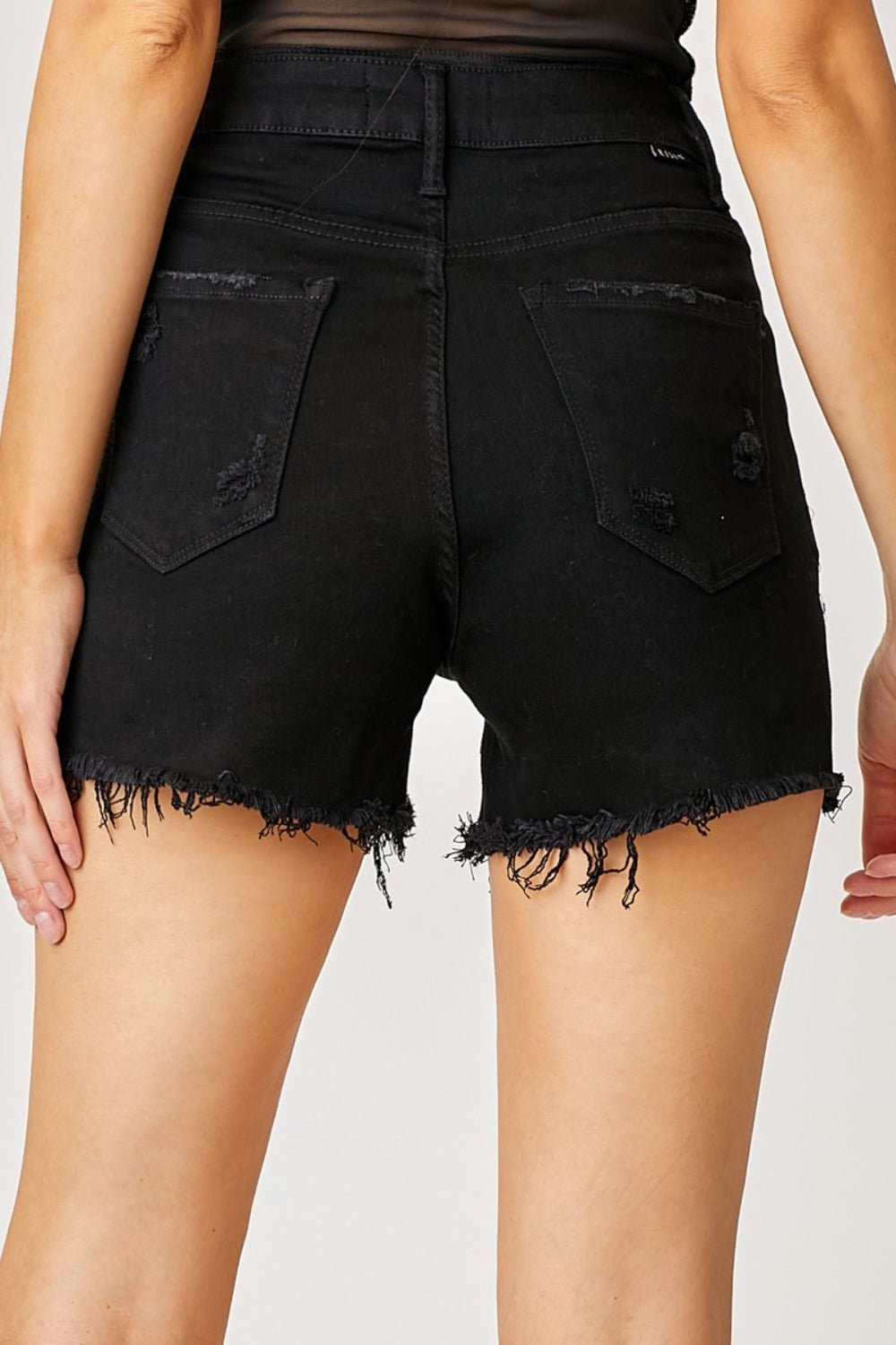 RISEN Frayed Hem Denim Shorts with Fringe Detail Pockets - Shorts - Black - Bella Bourget