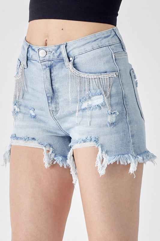 RISEN Frayed Hem Denim Shorts with Fringe Detail Pockets - Shorts - LIGHT - Bella Bourget