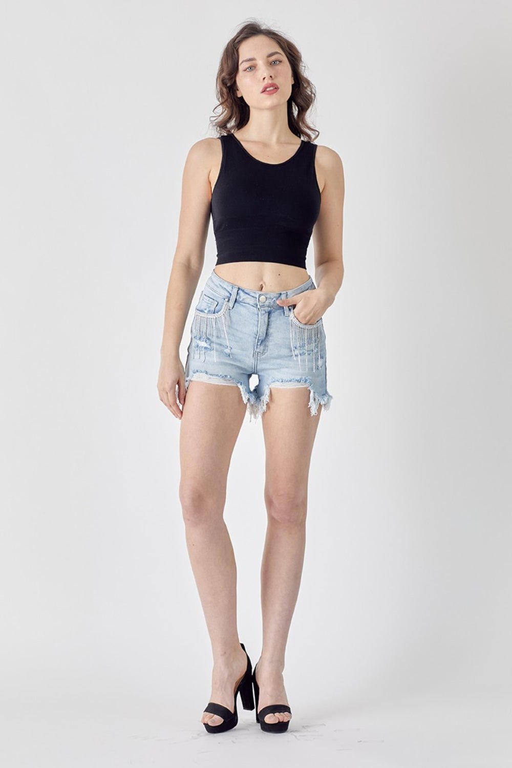 RISEN Frayed Hem Denim Shorts with Fringe Detail Pockets - Shorts - LIGHT - Bella Bourget