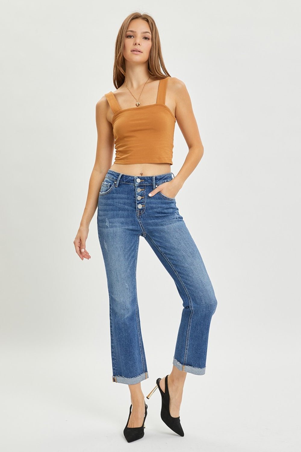 RISEN Full Size Button Fly Cropped Bootcut Jeans - jeans - Dark - Bella Bourget