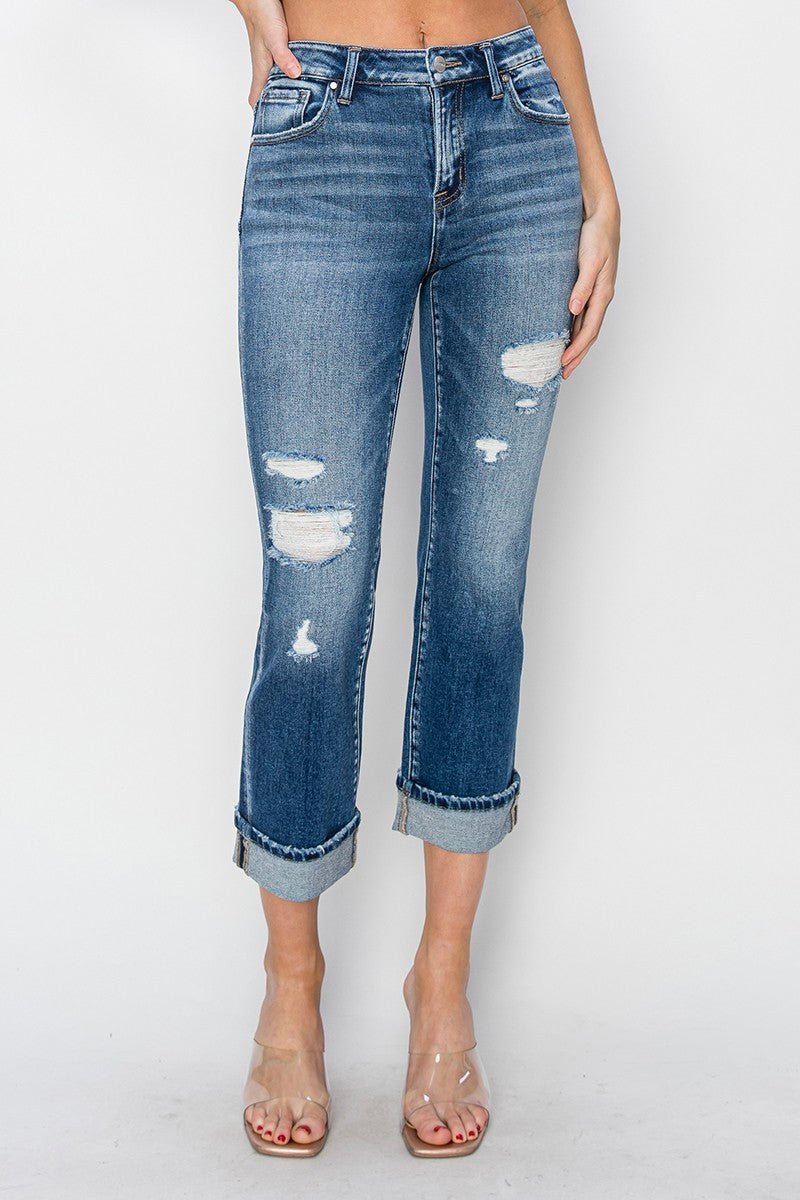 RISEN Full Size Cuffed Ankle Distressed Straight Jeans - Jeans - Dark - Bella Bourget