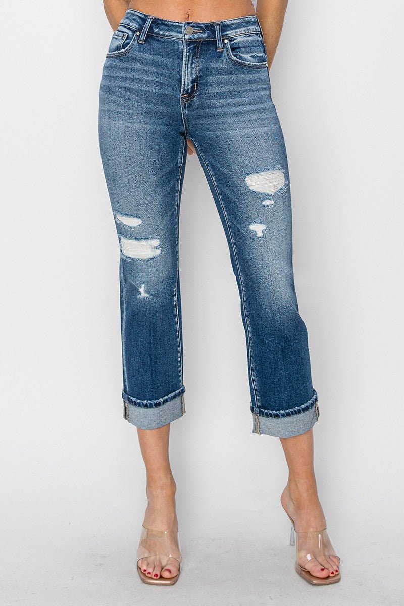 RISEN Full Size Cuffed Ankle Distressed Straight Jeans - Jeans - Dark - Bella Bourget