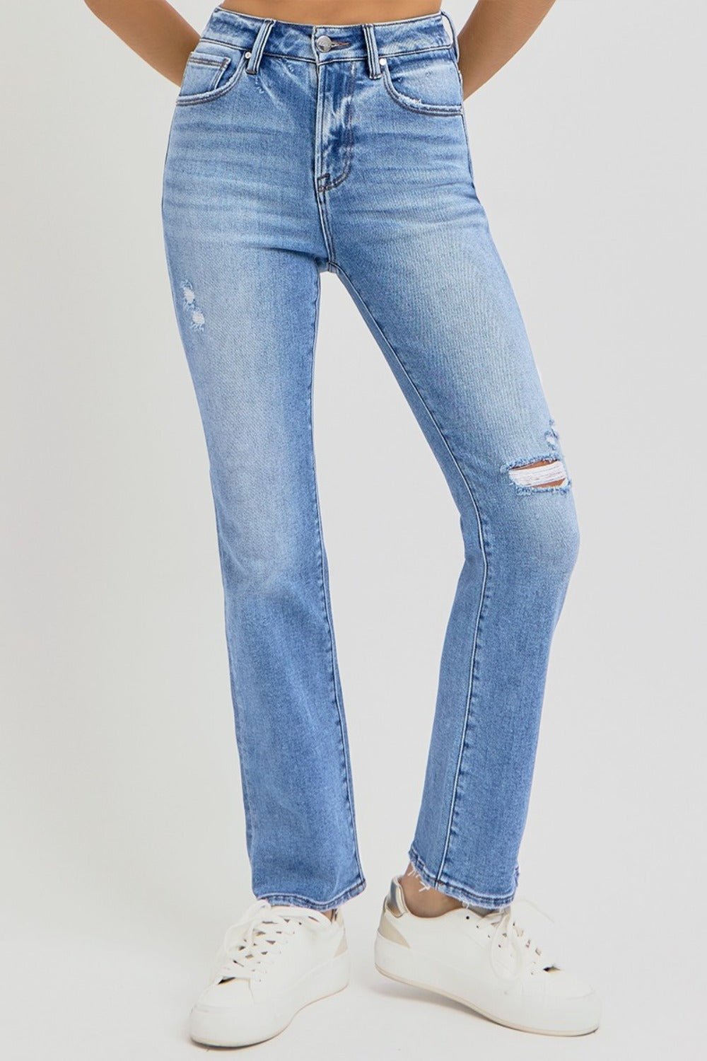 RISEN Full Size Distressed High - Rise Ankle Straight Jeans - Jeans - Medium - Bella Bourget