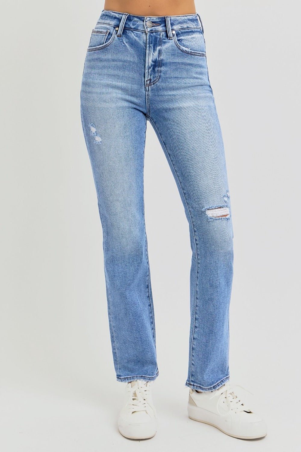 RISEN Full Size Distressed High - Rise Ankle Straight Jeans - Jeans - Medium - Bella Bourget