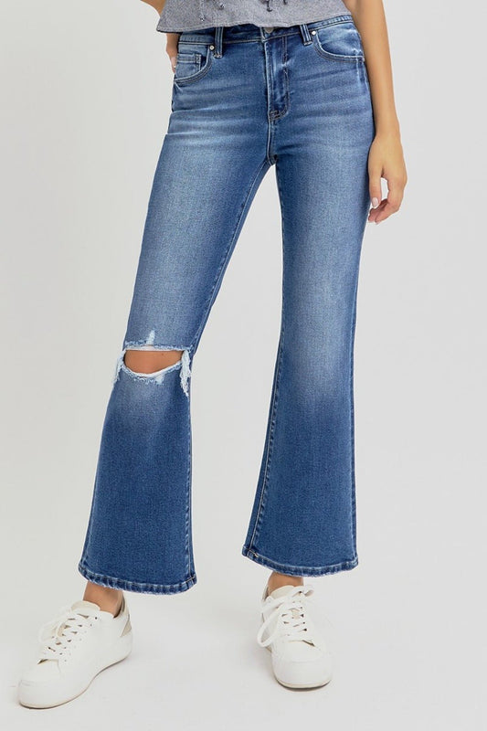 RISEN Full Size Distressed High Rise Crop Flare Jeans - Jeans - Dark - Bella Bourget