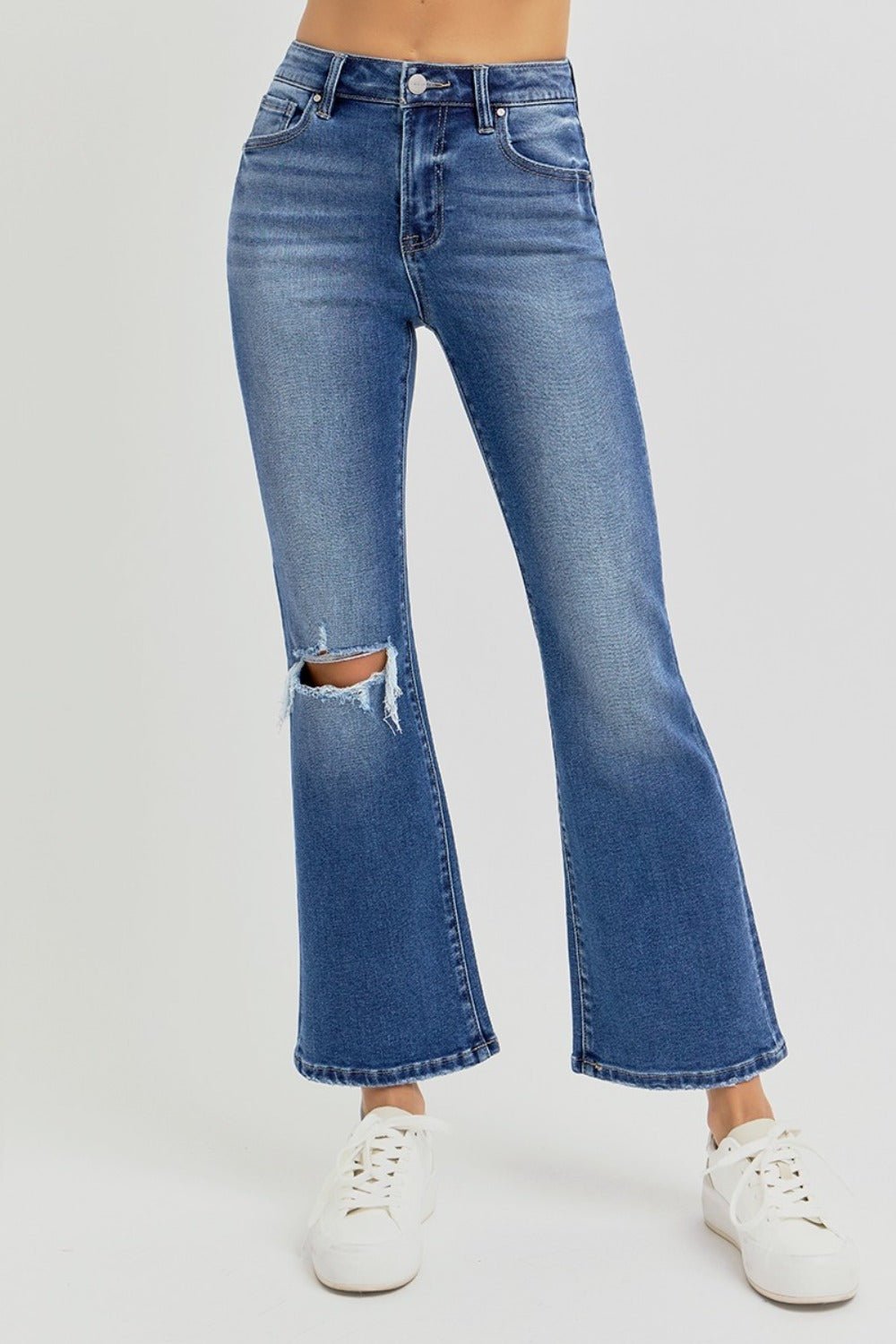 RISEN Full Size Distressed High Rise Crop Flare Jeans - Jeans - Dark - Bella Bourget