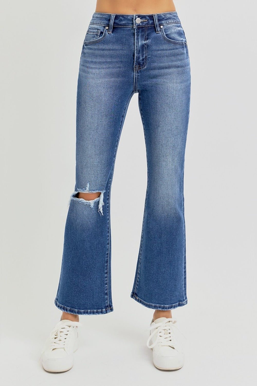 RISEN Full Size Distressed High Rise Crop Flare Jeans - Jeans - Dark - Bella Bourget