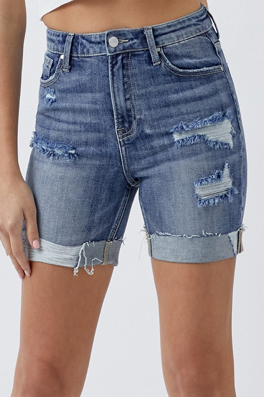 RISEN Full Size Distressed Rolled Denim Shorts with Pockets - Shorts - Medium - Bella Bourget