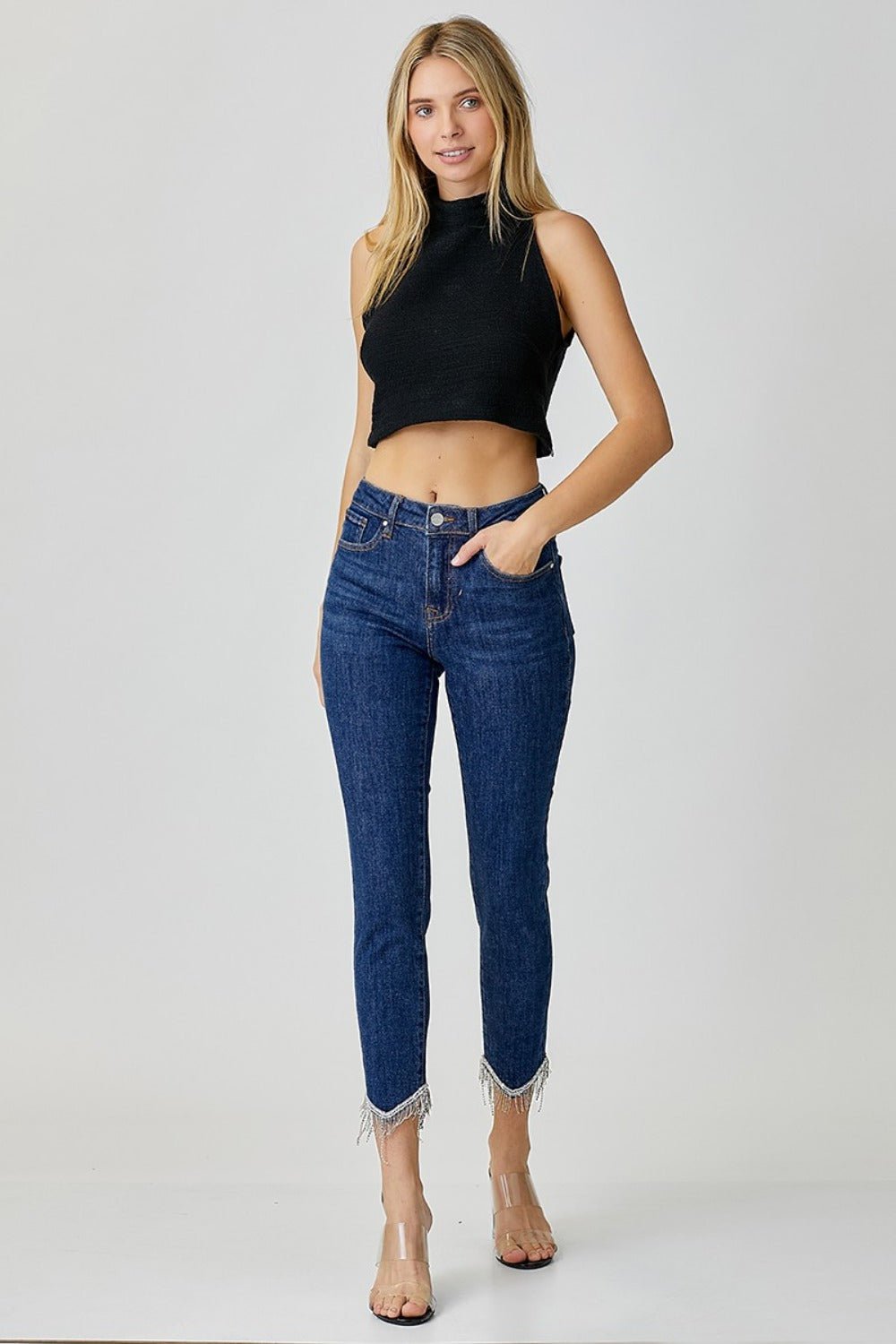 RISEN Full Size Embellished Mid Rise Crop Skinny Jeans - Jeans - Dark - Bella Bourget