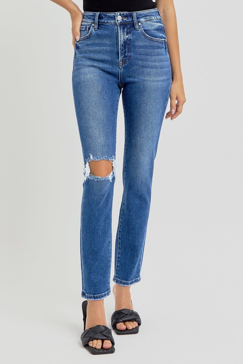 RISEN Full Size High Rise Ankle Skinny Knee Distressed Jeans - Jeans - Dark - Bella Bourget