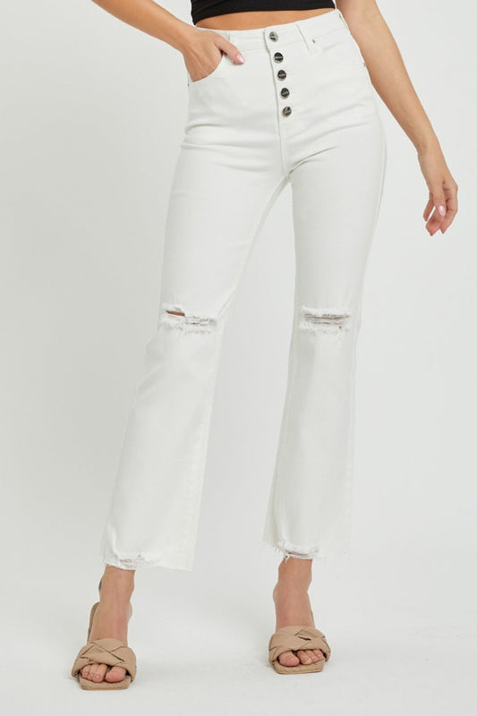 RISEN Full Size High Rise Button Fly Straight Ankle Jeans - jeans - White - Bella Bourget