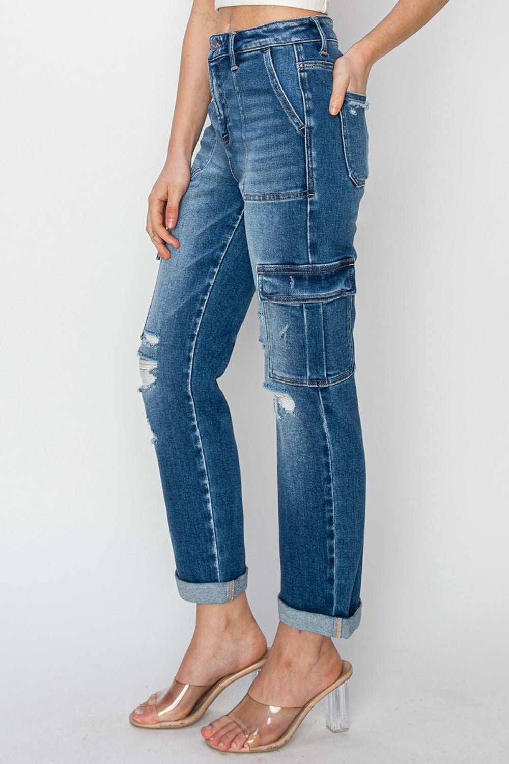 RISEN Full Size High Rise Cargo Ankle Roll Up Straight Jeans - Jeans - Dark - Bella Bourget